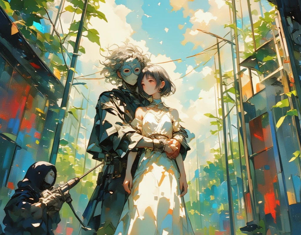 ((UHD, masterpiece, anatomically correct, textured skin, super detail, high details, best quality, highres icon, Detailed and precise manual expression:1.3)), fantastic watercolor illustration :1.3, Bobbed Girl\Flaxen Hair\ White Neat Dress \ BREAK with his shoulders sticking out and the masked man hugging a girl from behind\ gray hair\Curly hair\ installer with electric drill \Black Robe \ The left side of the background is beautiful ,  It's a paradise landscape composed of green, blue, and orange ,  The right side of the background is a blur that embodies hell 々 It's a scene made up of red and black 