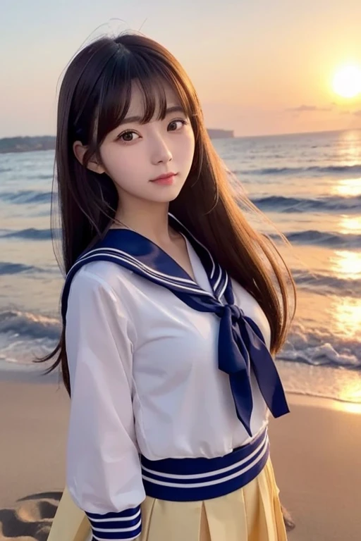  a Japanese woman who looks like an idol  , long hair , straight hair , Round face , bust up ,  sailor suit  ,  as pictured  , Golden sand beach at sunset 