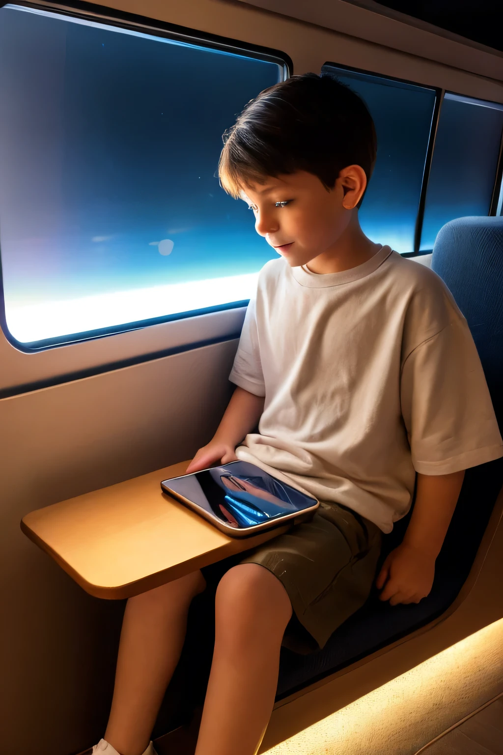 young boy sitting on his mom's lap using her phone, shorts, inside of a bus, brown hair, blue eyes, blushed cheeks, photo realistic, ultra detailed, soft lights, night time, city, 1boy, sitting on lap, cinematic lighting, glowing light, reflection light, backlighting, god rays, ray tracing, Hyperrealism, feet out of frame, sideways, lens flare, Realism, masterpiece, high quality, textured skin, highres, high details, best quality