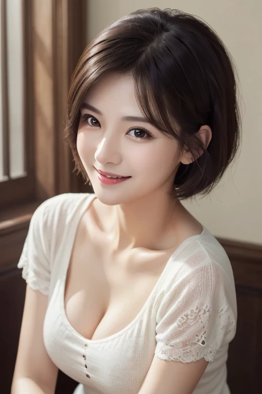 ((​masterpiece))、(( top quality ))、photograph、Realism、 high quality images、 ultra-detailed、 Married Woman、Age 30、 graceful face、 short hair、 realistic background with accessories、large full breasts、  Sexy Smile  、like、 Dark Room、Short sleeve knit、deepshadow、 close-up、 profile 、