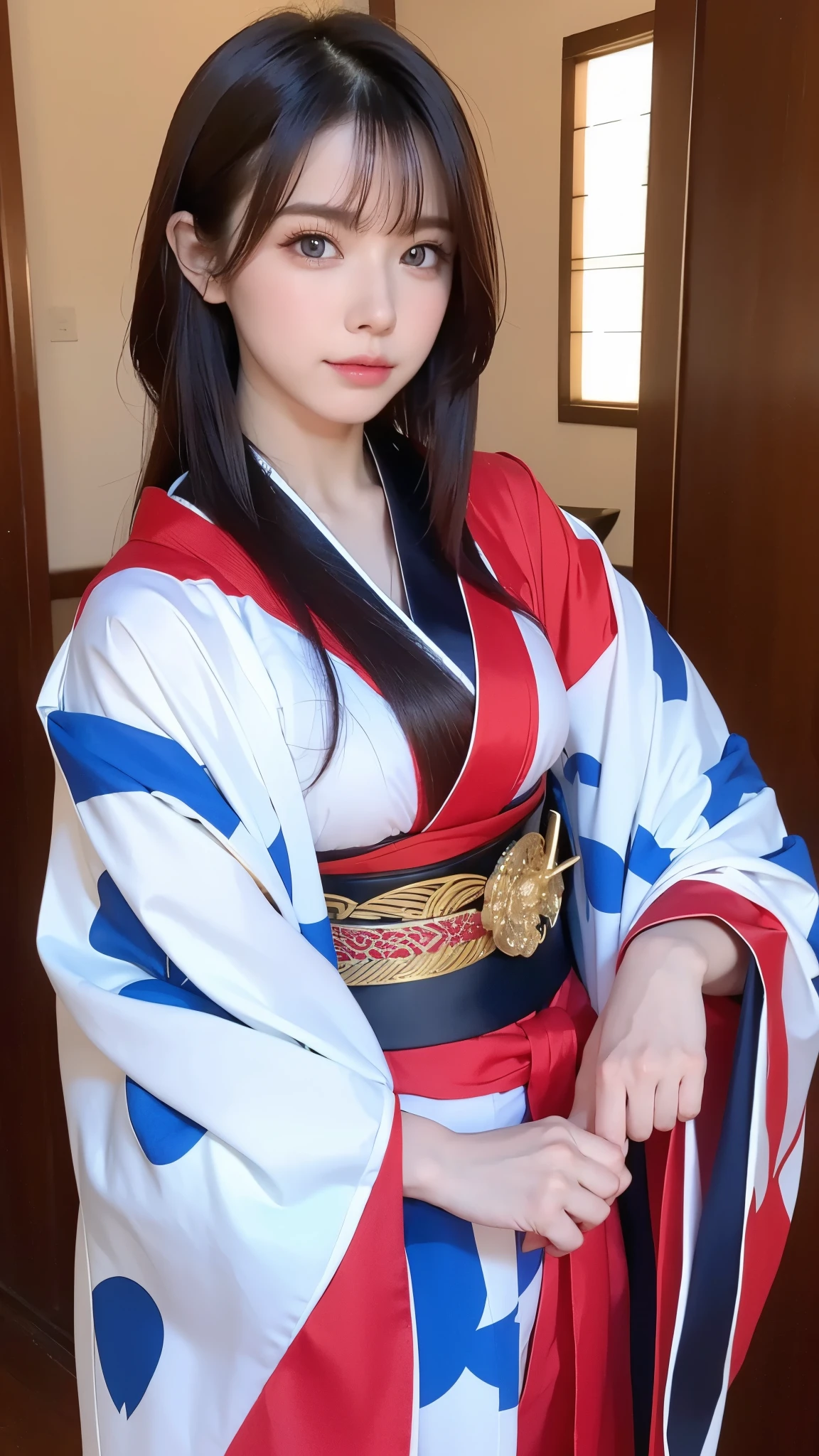  beautiful, masterpiece,  top quality ,  Extremely Detailed Faces,   perfect lighting,  1 girl, Alone,  matoi ryuuko , Japanese clothing, kimono, short kimono,   cowboy shot