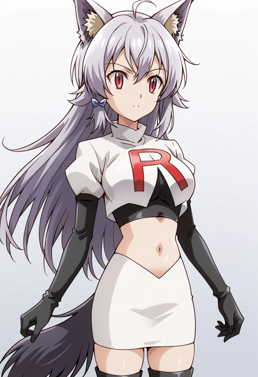 team rocket,team rocket uniform,white skirt,red letter R,crop top,black thigh-highs,black elbow gloves, cowboy shot, ag-wolfbete, wolf tail, medium breasts, 1girl, solo, skinny, masterpiece, high quality,score_9, score_8_up, score_7_up, source_anime, anime, anime style 