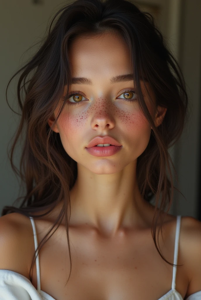 Masterpiece, Superior quality, [instead_eyes], ultra detail, fog, NSFW, (Expressionless) , portrait young woman, White skin, Raven haired, slim, cara slim, eyes the color of honey, Red cheeks, pink lips, small eyes, upturned and thin nose, thick and big eyebrows, with few and small freckles on the nose, long wavy hair