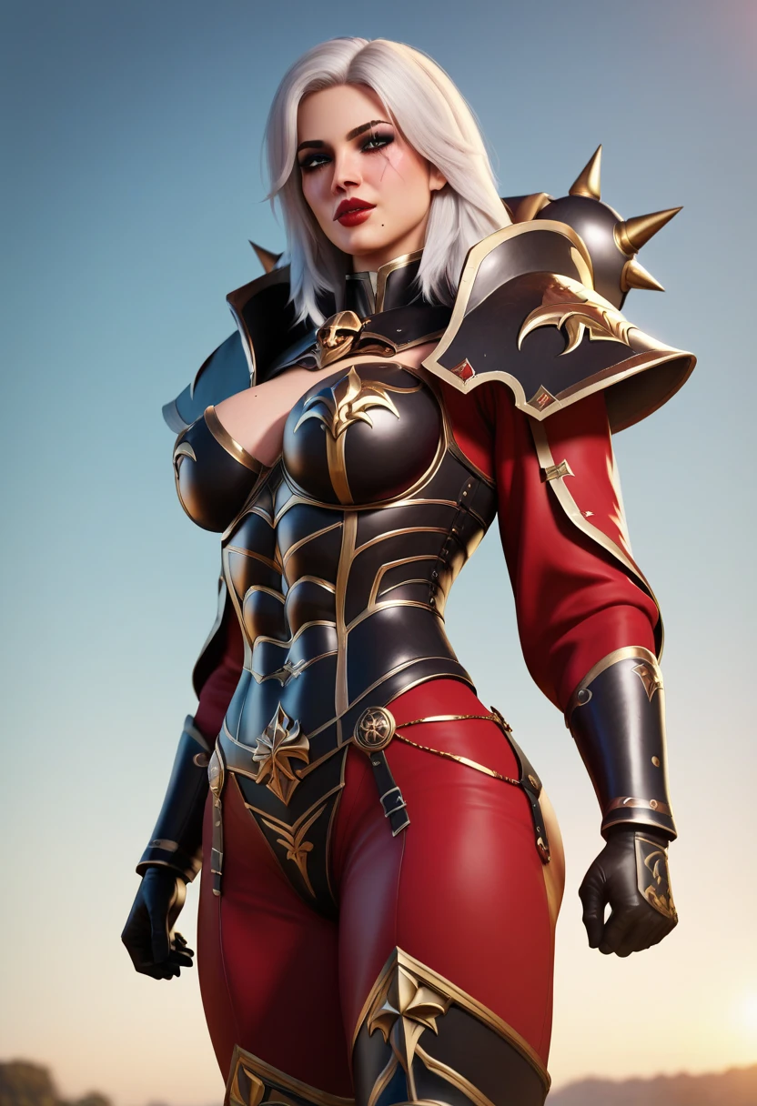 (4k, Best quality , highres), ( masterpiece:), Sororitas, ("goth girls" style), 1 girl, perfectly sculpted body , detailed body, perfectly formed face, (scar face), (tough face), detailed face , big woman, detailed eyes, Detailed lips , (red lips), light skin, The woman has a mole below her mouth, different expressions, (different hairstyles), (white hair), (different armors), (Full armor), intense look, different poses, vibrant colors, arte digital, High resolution, muscle arms , muscular abdomen, muscular legs, (greenish lighting),