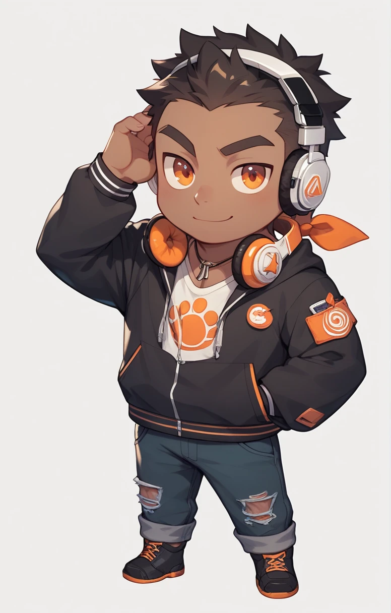 # **Prompt:** # “A chibi-style male character with dark skin, wearing a gorilla-themed hoodie in orange and black as the main colors. The character has a bandana on his head, headphones around his neck, and stands against a plain white background. The overall design emphasizes a fun and dynamic aesthetic with small proportions and expressive features.”