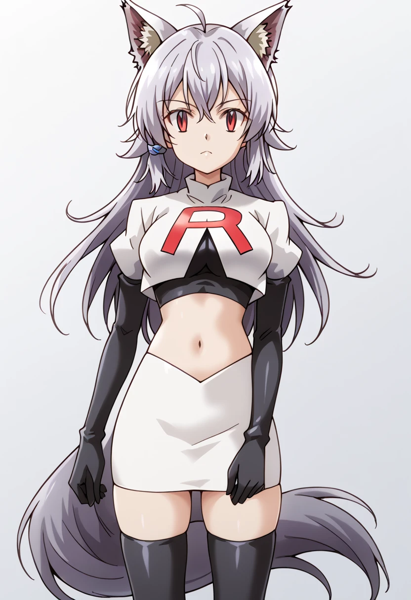 team rocket,team rocket uniform,white skirt,red letter R,crop top,black thigh-highs,black elbow gloves, cowboy shot, ag-wolfbete, wolf tail, medium breasts, 1girl, solo, skinny, masterpiece, high quality,score_9, score_8_up, score_7_up, source_anime, anime, anime style 