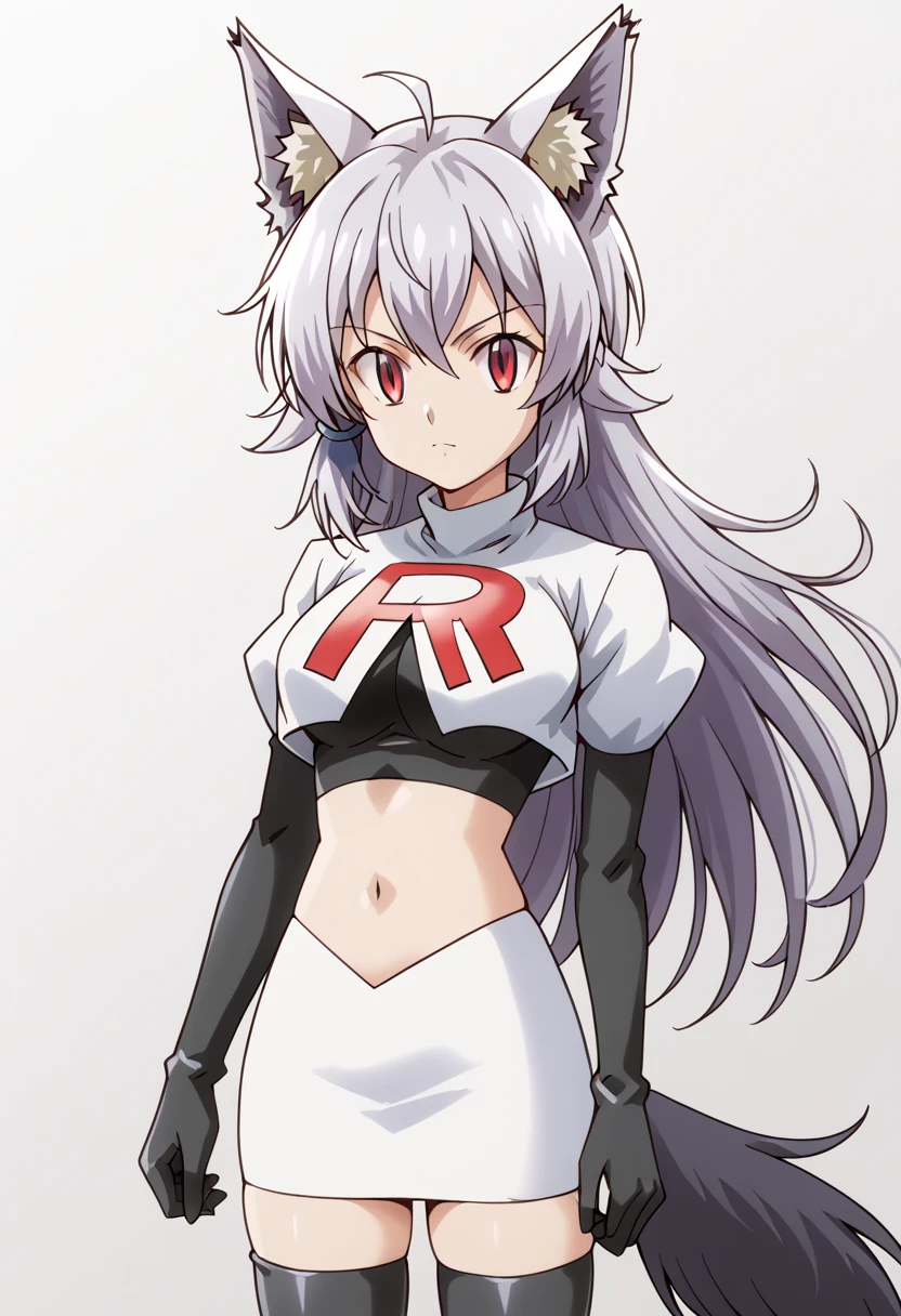 team rocket,team rocket uniform,white skirt,red letter R,crop top,black thigh-highs,black elbow gloves, cowboy shot, ag-wolfbete, wolf tail, medium breasts, 1girl, solo, skinny, masterpiece, high quality,score_9, score_8_up, score_7_up, source_anime, anime, anime style 