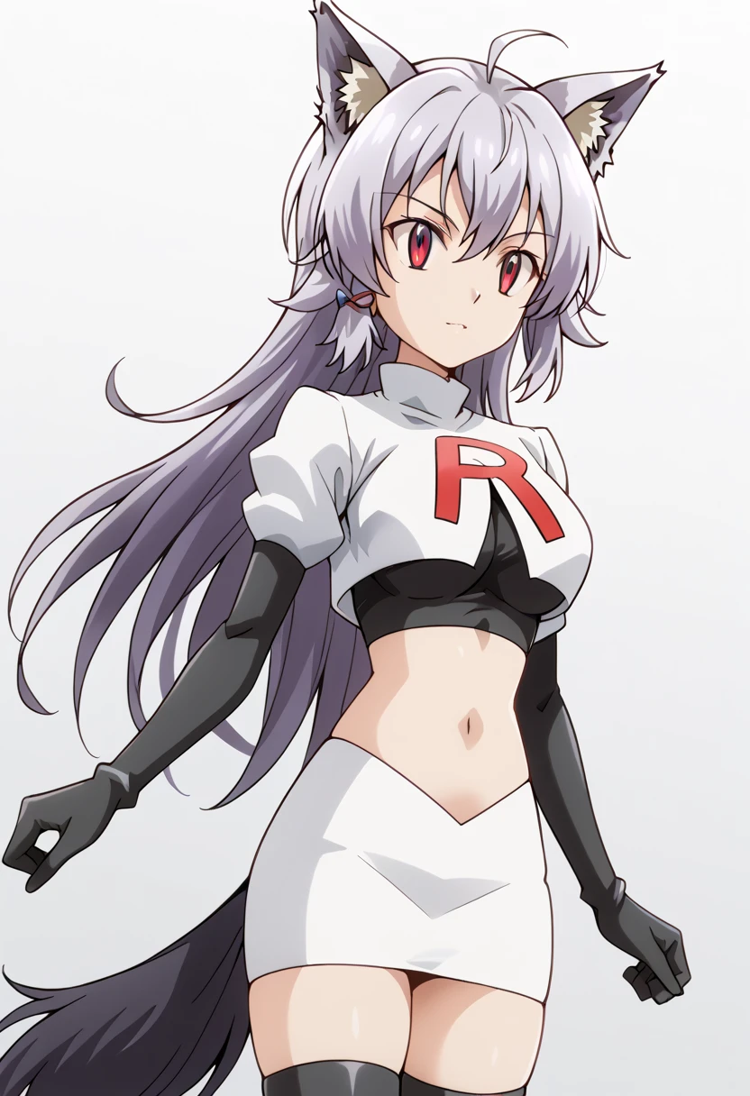 team rocket,team rocket uniform,white skirt,red letter R,crop top,black thigh-highs,black elbow gloves, cowboy shot, ag-wolfbete, wolf tail, medium breasts, 1girl, solo, skinny, masterpiece, high quality,score_9, score_8_up, score_7_up, source_anime, anime, anime style 