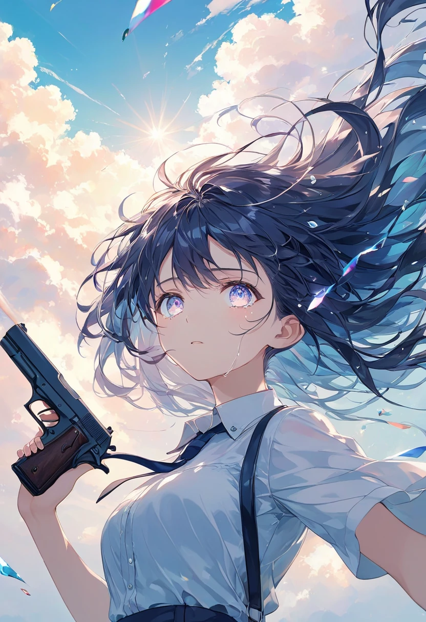 ((pastel、 Watercolor Style ))、1 woman holding a pistol,Small face effect, collapsed cutter shirt , ties, Suspenders, blowing up from below in the wind ,Hair that floats up , shiny hair with makeup,( very detailed), ,diagonal, gradation eye ,Shining Eyes,( detailed eyes) , glowing skin,There is a shadow,Crying face, serious expression,tears,sorrow, Moderate Blur , Strong vignette ,Soft colorsのイラスト,diagonalからのアングル,The background is sunny, realistic lighting ,Big Clouds, Light Through the Clouds ,On the way to clear up .Official anime art, high res,Soft colors. masterpiece, top quality , exquisite,8k, absurd, Super Detailed Illustration , high res .
