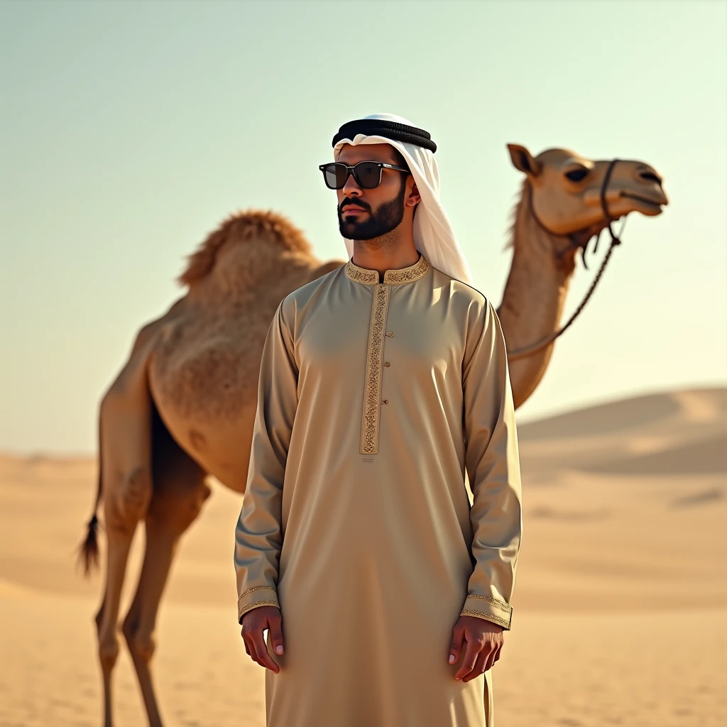 A local Taif farmer wearing traditional Saudi attire, standing proudly in a field of blooming roses with the mountains in the background.