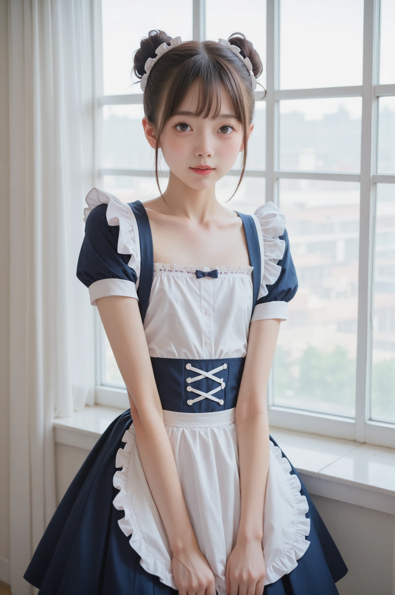  maid clothes,Junior high school students, cute girl,masterpiece, bun hair,Narrow shoulders, white skin,Thin arms,skinny