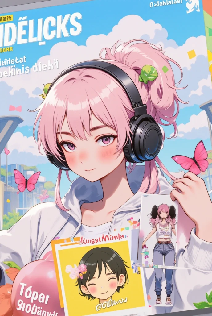 pink headphone-themed character,  wear big sneakers ,  cyberpunk,  background is easy to keep ,, Pale  pink hair, Cloud Hair,  LIGHT SMILE, Closed Eyes,  pink hair, whole body, magazine cover, magazineデザイン, magazine, Projected Inset, 超 high res,  high res,  top quality , 8k、 enter text 、walk:1.3、Woman looking at camera 、 cute girl、 robot ,face off, side shot,
