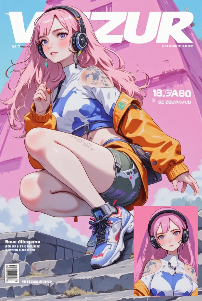 pink headphone-themed character,  wear big sneakers ,  cyberpunk,  background is easy to keep ,, Pale  pink hair, Cloud Hair,  LIGHT SMILE, Closed Eyes,  pink hair, whole body, magazine cover, magazineデザイン, magazine, Projected Inset, 超 high res,  high res,  top quality , 8k、 enter text 、walk:1.3、Woman looking at camera 、 cute girl、 robot ,face off, side shot,
