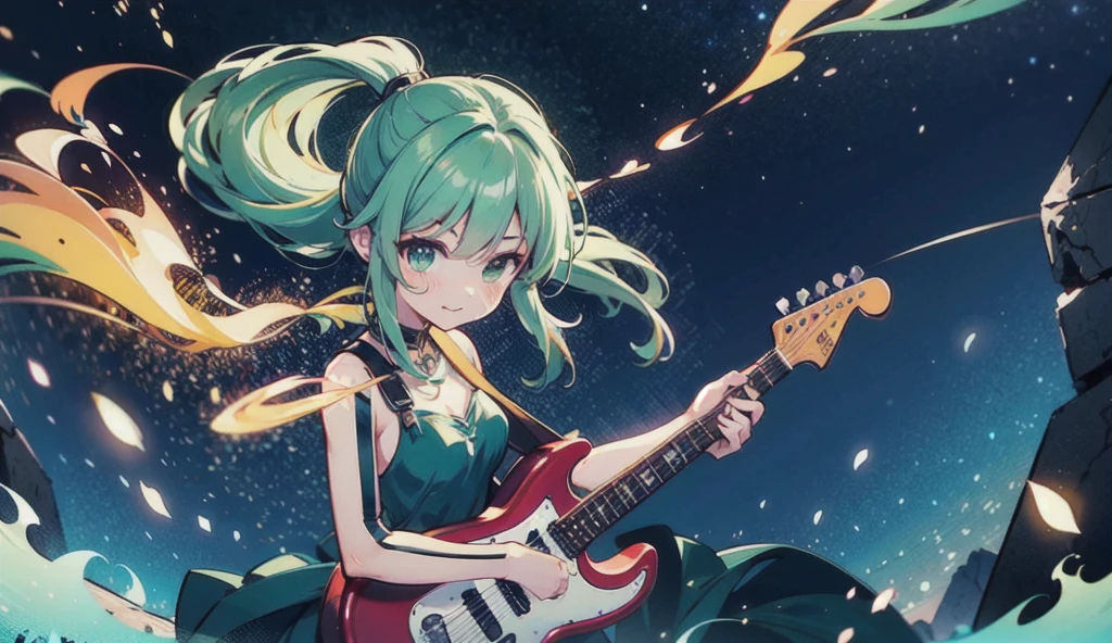 Anime girl,playing electric guitar, night sky background, green fire aura around her body, dranatic scene