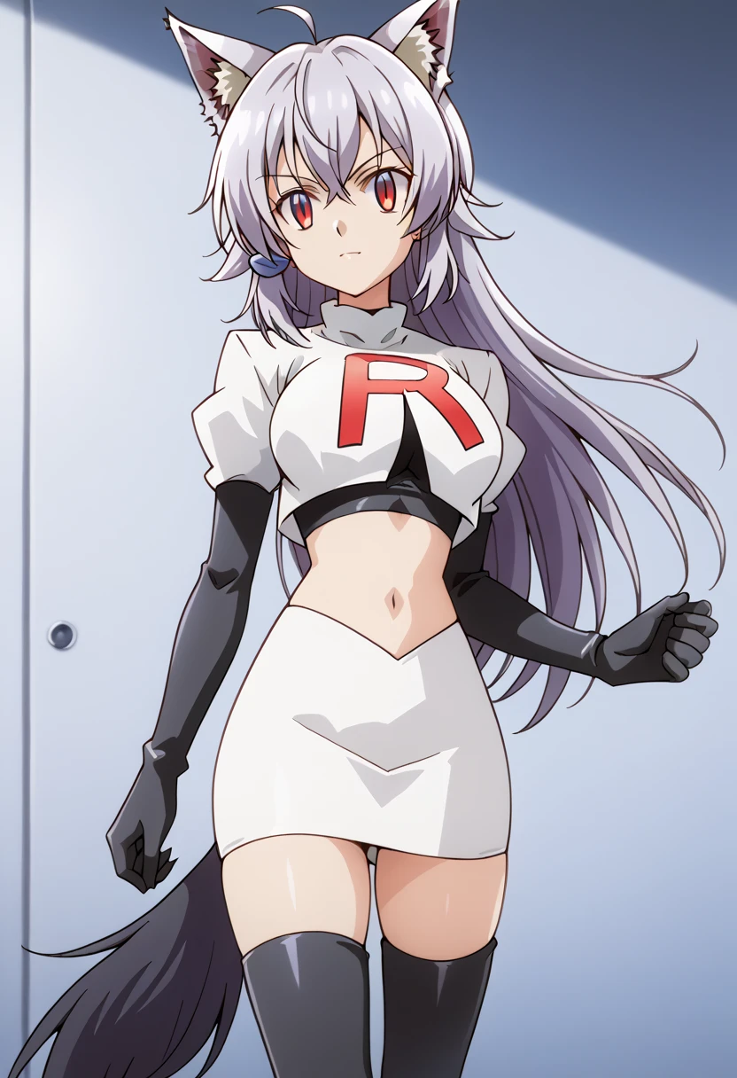 team rocket,team rocket uniform,white skirt,red letter R,crop top,black thigh-highs,black elbow gloves, cowboy shot, ag-wolfbete, wolf tail, medium breasts, 1girl, solo, skinny, masterpiece, high quality,score_9, score_8_up, score_7_up, source_anime, anime, anime style 