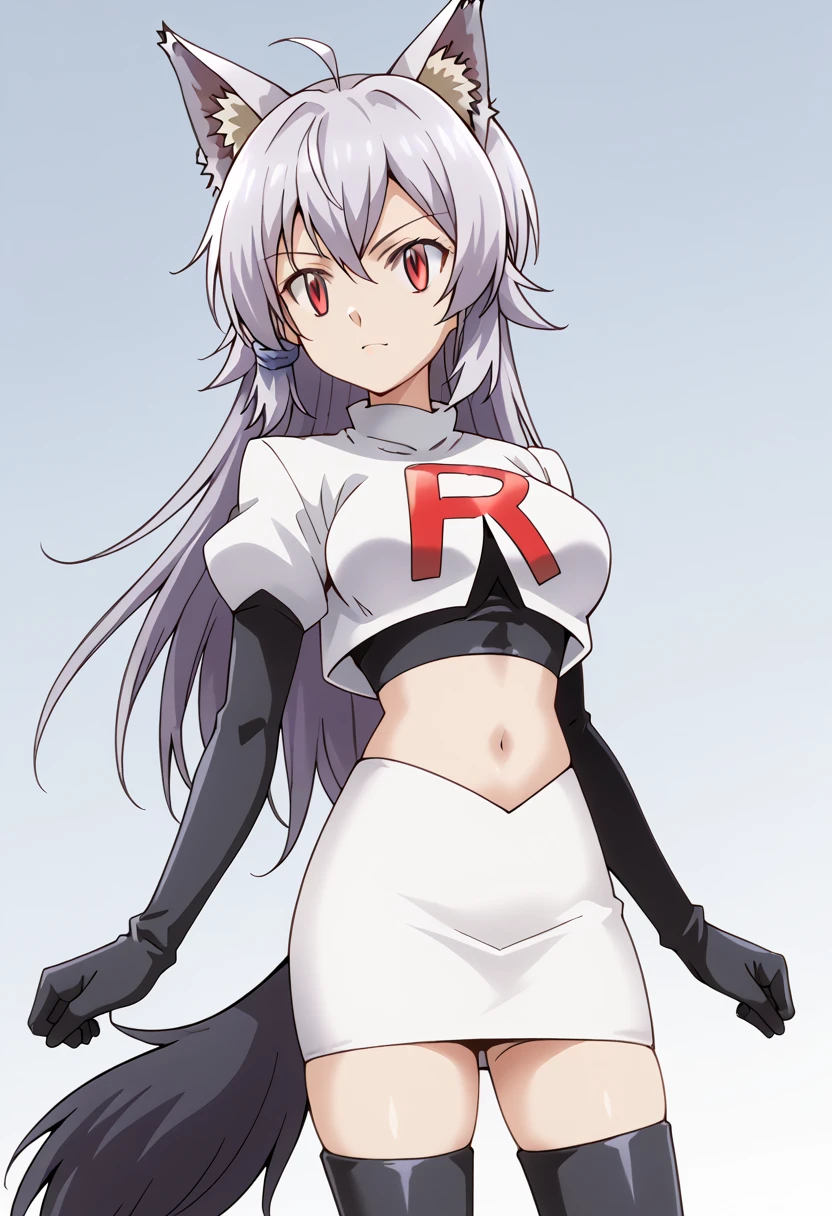 team rocket,team rocket uniform,white skirt,red letter R,crop top,black thigh-highs,black elbow gloves, cowboy shot, ag-wolfbete, wolf tail, medium breasts, 1girl, solo, skinny, masterpiece, high quality,score_9, score_8_up, score_7_up, source_anime, anime, anime style 