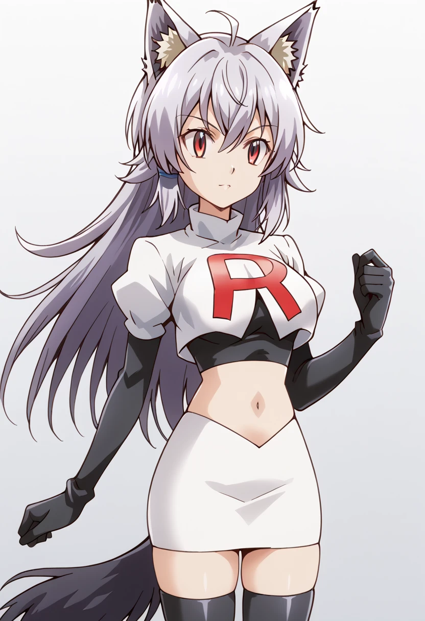 team rocket,team rocket uniform,white skirt,red letter R,crop top,black thigh-highs,black elbow gloves, cowboy shot, ag-wolfbete, wolf tail, medium breasts, 1girl, solo, skinny, masterpiece, high quality,score_9, score_8_up, score_7_up, source_anime, anime, anime style 