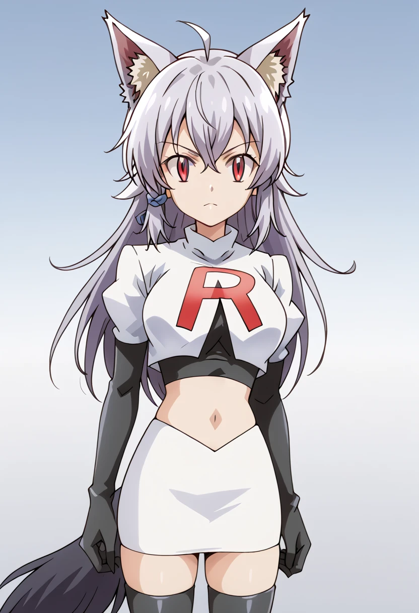 team rocket,team rocket uniform,white skirt,red letter R,crop top,black thigh-highs,black elbow gloves, cowboy shot, ag-wolfbete, wolf tail, medium breasts, 1girl, solo, skinny, masterpiece, high quality,score_9, score_8_up, score_7_up, source_anime, anime, anime style 