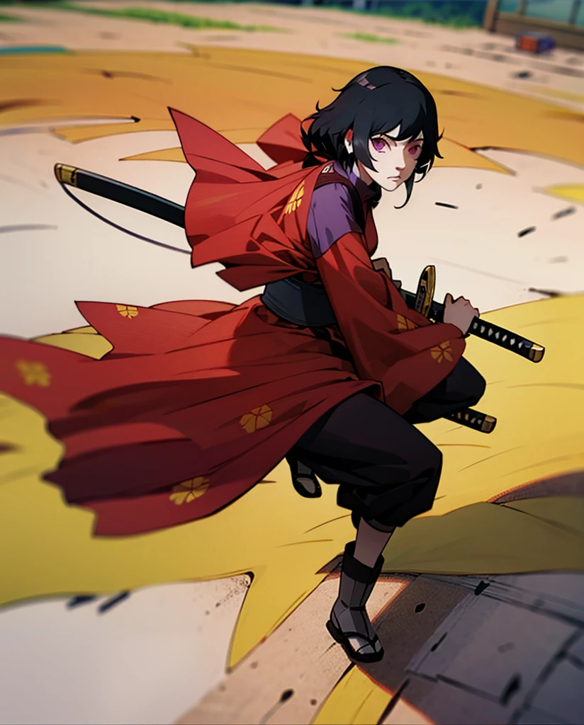  a girl, Alone,  High resolution,  long hair, breasts,  Looking at the viewer,  black hair, Ojos rojos, Cabello entre ojos,  Very long hair,  violet eyes costume,  Headband ,  Hanafuda earrings ,  From the Side , Vistas múltiples,  depth of field ,  from above,  From below,  Lines of movement,  masterpiece,  Precise, Pintura de acción,  The best quality ,  battōujutsu , kimono, Shinobi, ninja boots 