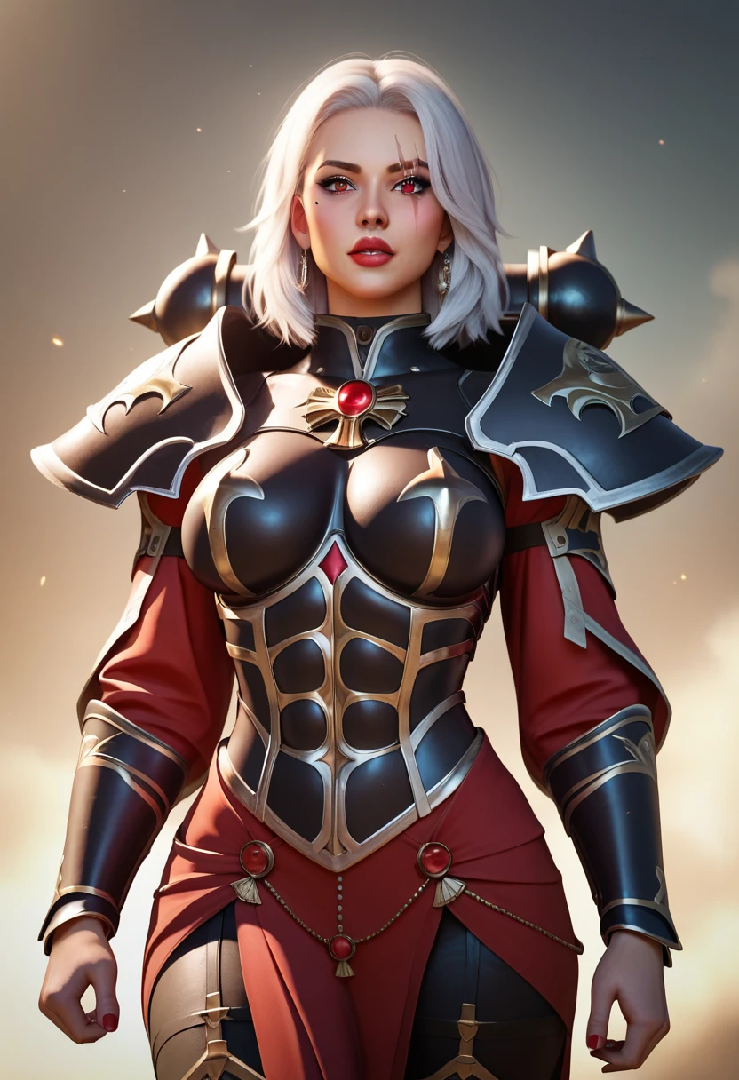 (4k, Best quality , highres), ( masterpiece:), Sororitas, (Scarlett), anime style, 1 girl, perfectly sculpted body , detailed body, perfectly formed face, (scar face), (tough face), detailed face , big woman, detailed eyes, Detailed lips , (red lips), light skin, The woman has a mole below her mouth, different expressions, (different hairstyles), (white hair), (different armors), (Full armor), intense look, different poses, vibrant colors, arte digital, High resolution, muscle arms , muscular abdomen, muscular legs, (greenish lighting),