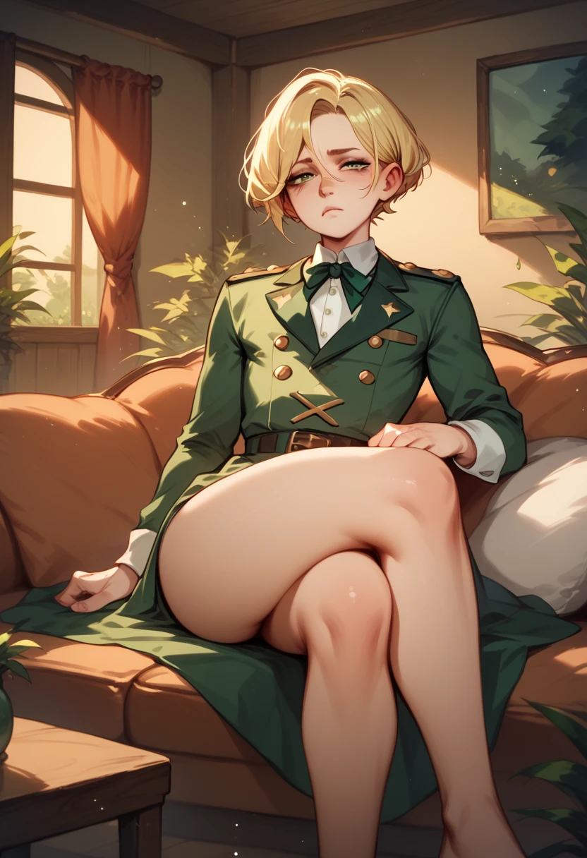 Femboy, blonde hair, old green huter uniform, shorr hair, sitting on the sofa, crossed legs, in hunter house, night, tired expression, in living room, 