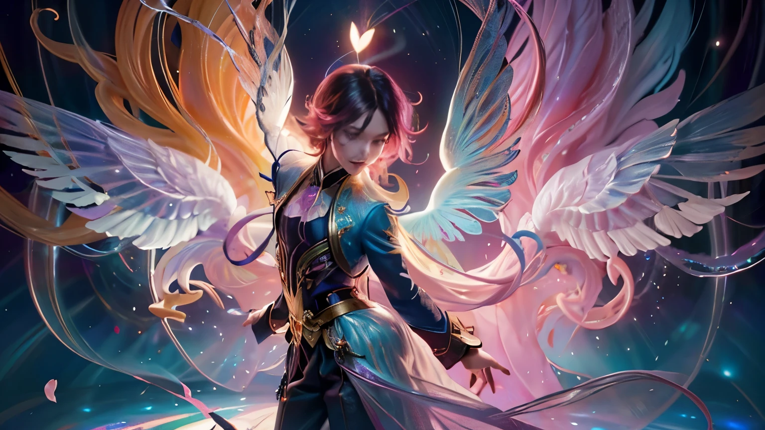 A vibrant and surreal fantasy scene featuring a charismatic young man with striking features, exuding an air of mystery and allure. He stands confidently in the center, surrounded by ethereal female spirits, each glowing with soft, radiant hues of pink, blue, and gold. The spirits have delicate, translucent wings, flowing hair, and playful expressions as they swirl around him in a dance-like motion. The background is a colorful dreamscape filled with shimmering lights, floating petals, and a kaleidoscope of fantastical elements, creating a magical, enchanting atmosphere.