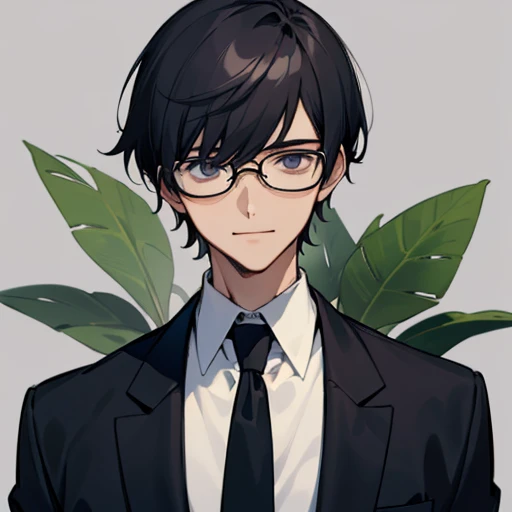 (  upper body ,  Gaze at the viewer ), Front, 1 male, Age 21, teacher, young, Polite,  black hair,  mash hair,  shinky , Otaku, Square Glasses , round ,  slender,  black suit, Navy blue tie,   white shirt, smile, biology teacher , science teacher,  school teacher , The atmosphere is like an announcer, plant,  simple background, High Definition ,    High Quality   