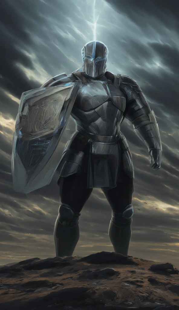 A full-body image of a muscular adult male knight clad in heavy, full-body metal armor, including a fully enclosed helmet with a visor. He wields a massive, square-shaped Giant Tower Shield, intricately designed with battle-worn textures and metallic accents, exuding strength and resilience. The armor reflects light dramatically, highlighting its detailed craftsmanship. He stands boldly on a rugged battlefield, surrounded by a misty, medieval landscape with faint rays of sunlight breaking through the clouds. The composition emphasizes his imposing presence, with his cape flowing in the wind and a sense of readiness for combat. The scene captures the grandeur and intensity of a fantasy-inspired knight, blending realism with epic storytelling.,warrior,soldier