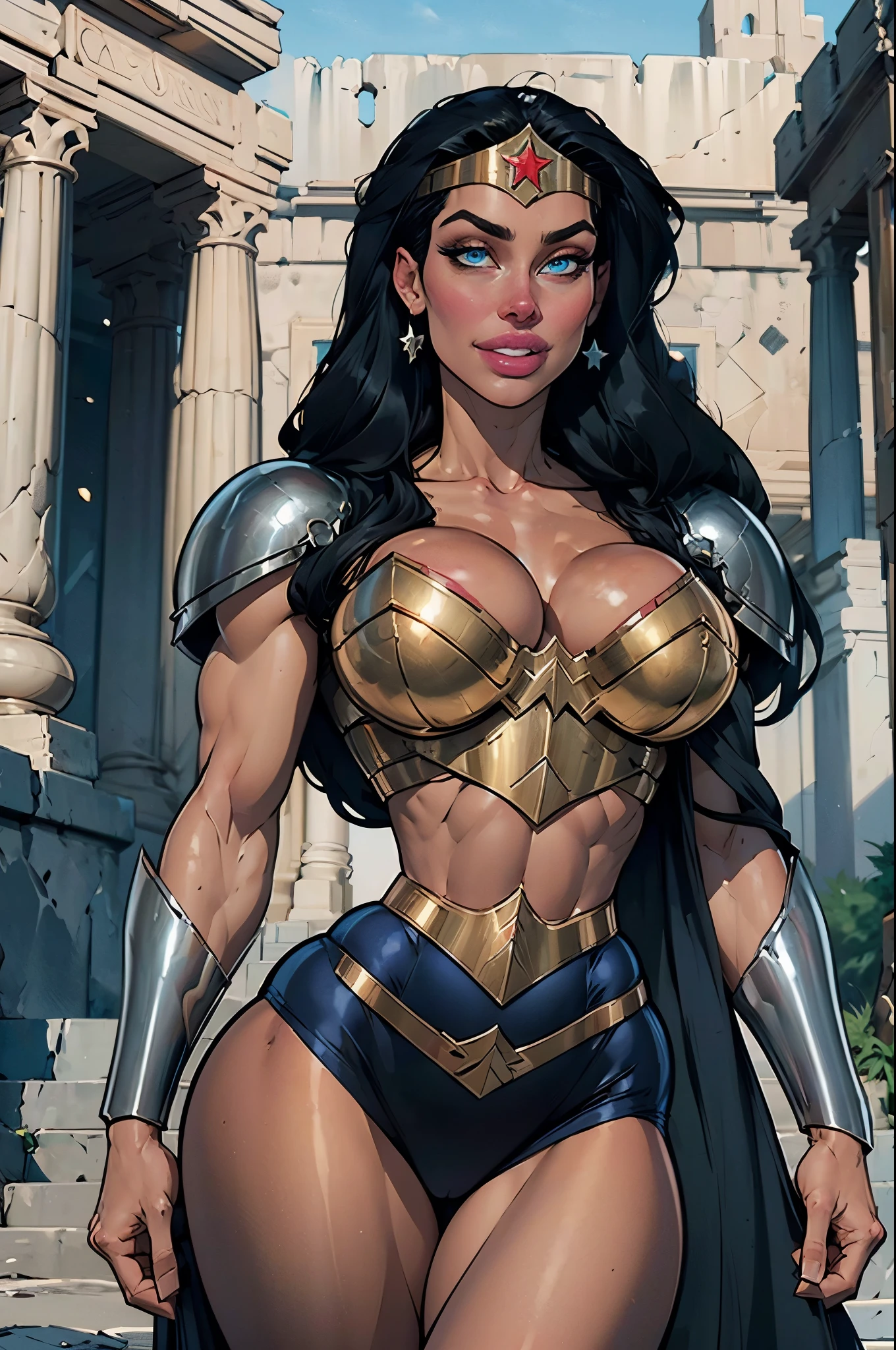 1woman, ((Wonder Woman)), portrait, (solo, bimbo, voluptuous, "Height": "183 cm", "Age": "30", "Appearance": "Wonder Woman stands tall with an imposing presence. Her athletic build is both powerful and graceful, showcasing the strength of an Amazonian warrior combined with divine beauty. She wears a modernized armor inspired by ancient Greek design, incorporating Valkyrie elements.", "Face Appearance": "Diana's face is chiseled and fierce, with high cheekbones and a strong jawline. Her piercing blue eyes hold a gaze that can be both compassionate and intimidating. Her full lips are often set in a determined line, though they can soften into a kind smile.", "Hair Style": "Her long, raven-black hair flows freely down her back, often wild and untamed, reflecting her untamed spirit. Sometimes, she ties it back in a warrior's braid during combat.", "Body": "Her body is the epitome of Amazonian perfection—muscular, toned, and statuesque. Every movement she makes exudes confidence and power.", "Chest Appearance": "Large and firm, fitting perfectly with her muscular build, providing both femininity and strength. Her bust size is 34DD.","AssAppearance": "Firm and sculpted, shaped by years of rigorous Amazonian training. Her toned glutes create a perfectly round, athletic silhouette, accentuated further by her tightly fitted armor.", "Eye Color": "Blue", "Skin Tone": "Olive", "Clothing Style": "Her armor is a blend of ancient Greek and Norse designs, featuring a breastplate with intricate engravings, a flowing red cape, and armored boots. She carries a shield and a sword, and her bracelets are magical artifacts that deflect attacks.", "Accessories": "A golden tiara with a star at its center, symbolizing her royal heritage. She also wears an enchanted belt), ((rim lighting)), stunning details, intricate details, 8k post-production, High resolution, super details, trending on ArtStation, sharp focus, depth of field f/1.8, studio photos, (((looking at camera)))