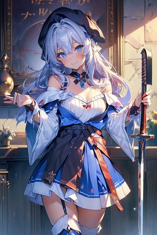 (from below:1.2),((1girl, silver hair, long hair, qutel blue eyes, beautiful eyes, pretty smile:1.5, ), ( off-shoulder dress, sweater dress,, santa hat, black tights, santa boots), (((holding ominous japanese sword:1.1 ))), ((battlescene,slashilg,killing the mafia,blood splash)), (outdoor, party room, christmas party), ((masterpiece:1.5)), ((best quality:1.5)), (ultra-detailed:1.5), (cinematic lighting, cinematic posing), (goddess smile:1.1),(with sparkling eyes and a contagious smile),her thin pubic hair:1.2, off-shoulder dress, sweater dress, Purplish blue eyes that dreamers desire, small stature, medium , Lori face, (masutepiece:1.2, Best Quality), (finely detailed beautiful eye: 1.2), (beautifull detailed face), (perky chest:1.2), (pointed chest:1.1), (bra magazine cover:1.3),(with sparkling eyes and a contagious smile),her thin pubic hair:1.2, looking at viewer