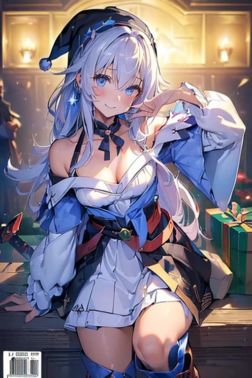 (from below:1.2),((1girl, silver hair, long hair, qutel blue eyes, beautiful eyes, pretty smile:1.5, ), ( off-shoulder dress, sweater dress,, santa hat, black tights, santa boots), (((holding ominous japanese sword:1.1 ))), ((battlescene,slashilg,killing the mafia,blood splash)), (outdoor, party room, christmas party), ((masterpiece:1.5)), ((best quality:1.5)), (ultra-detailed:1.5), (cinematic lighting, cinematic posing), (goddess smile:1.1),(with sparkling eyes and a contagious smile),her thin pubic hair:1.2, off-shoulder dress, sweater dress, Purplish blue eyes that dreamers desire, small stature, medium , Lori face, (masutepiece:1.2, Best Quality), (finely detailed beautiful eye: 1.2), (beautifull detailed face), (perky chest:1.2), (pointed chest:1.1), (bra magazine cover:1.3),(with sparkling eyes and a contagious smile),her thin pubic hair:1.2, looking at viewer