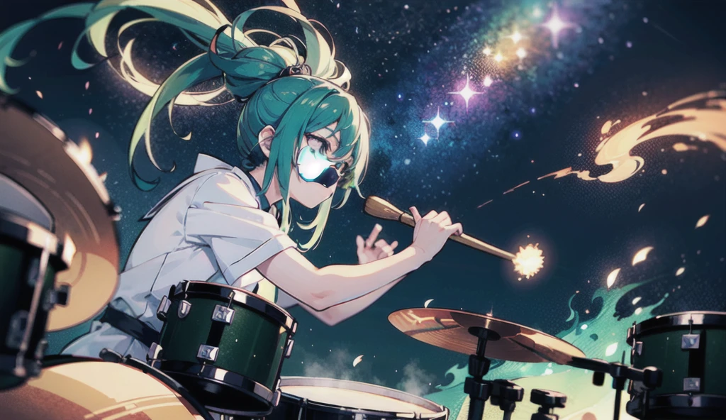 Anime girl,playing drum, night sky background, green fire aura around her body, dramatic scene