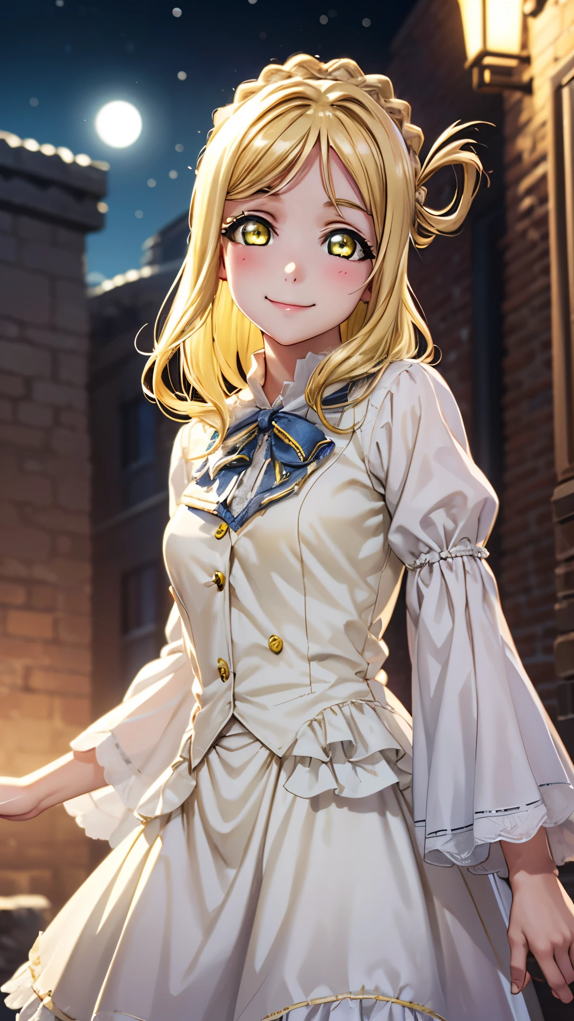 Mariohara , Mari Ohara,  long hair, bangs, Blonde,  hair accessories, ( yellow eyes:1.3),  braided ,  medium hair,  hair ring, crown  braided , 
break skirt,break looking at viewer, ( cowboy shot:1.5),
break (masterpiece:1.2),  top quality ,  high res, unity 8k wallpaper, ( illustration:0.8), ( beautiful detailed eyes:1.6),  extremely elaborate face ,  perfect lighting,  highly detailed CG with long hem and sleeves, (perfect hand,  Perfect Anatomy), blush, ((night)),chest,  ((seductive smile)),  take a close look, (( close-up)), トロ顔