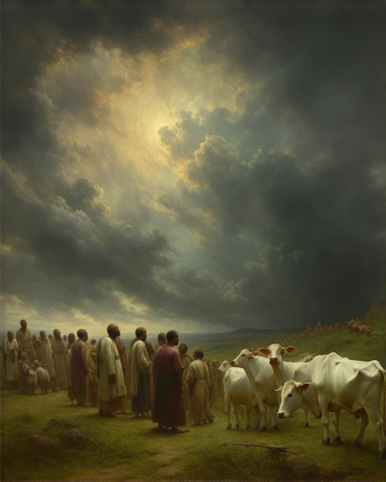 (masterpiece: 1.2), tiny rural  men villagers gazing up in the sky, gathering with ren and white calf, stormy clouds swirling above, oil painting by artist Raja Ravi Varma, fine brush strokes, vibrant earthy tones with contrasting golden highlights, a dramatic yet harmonious composition.