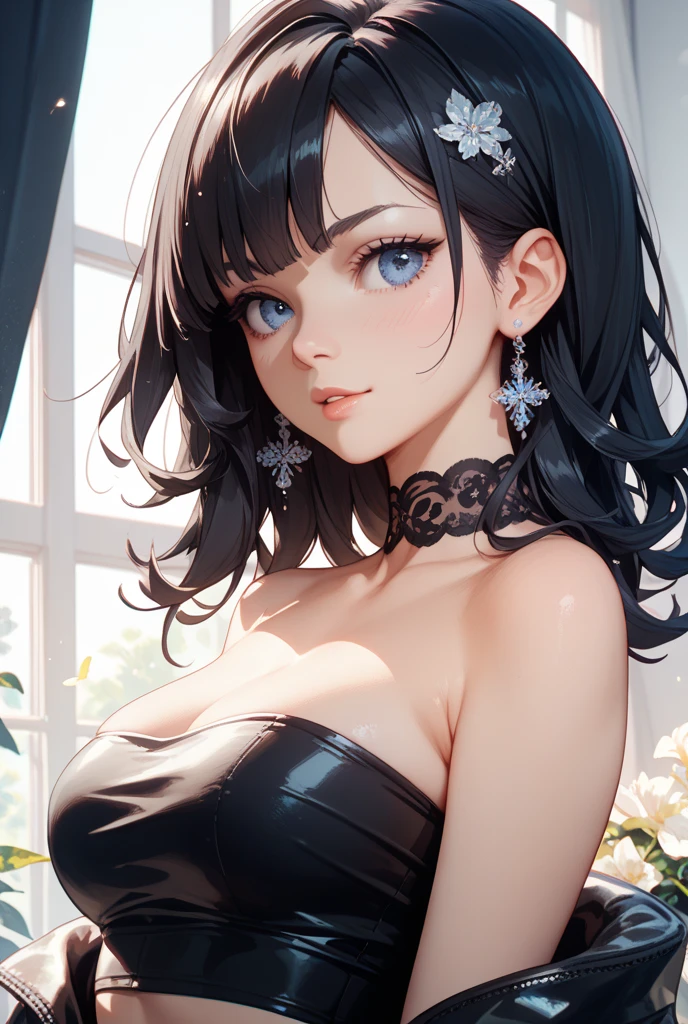 (A photo of upper body), Beautiful face, Highly detailed face and skin texture, (Detailed eyes), Brown eyes, Double eyelids, Thin eyebrows, Glitter eyeliner: 1.2, Natural cheeks, Shiny skin, Fair skin, (((with elegant outfit))), (Shiny lips: 1. 4), (Seductive smile), (20 years old), (Wavy hair, Diagonal bangs), ((black and blue hair)), mid hair, ((Upper body shot)), ((Focus on chest and face)), Medium large breasts, Upturned breasts.