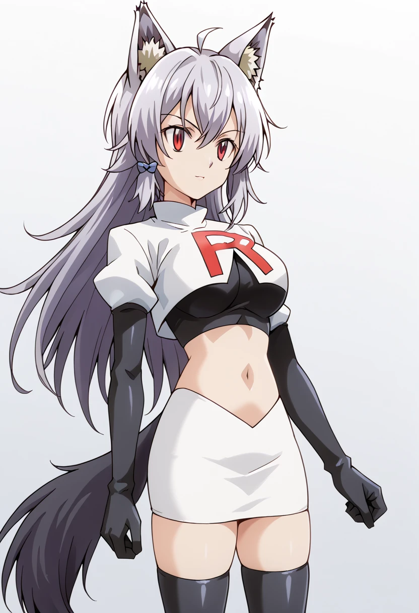 team rocket,team rocket uniform,white skirt,red letter R,crop top,black thigh-highs,black elbow gloves, cowboy shot, ag-wolfbete, wolf tail, medium breasts, 1girl, solo, skinny, masterpiece, high quality,score_9, score_8_up, score_7_up, source_anime, anime, anime style 