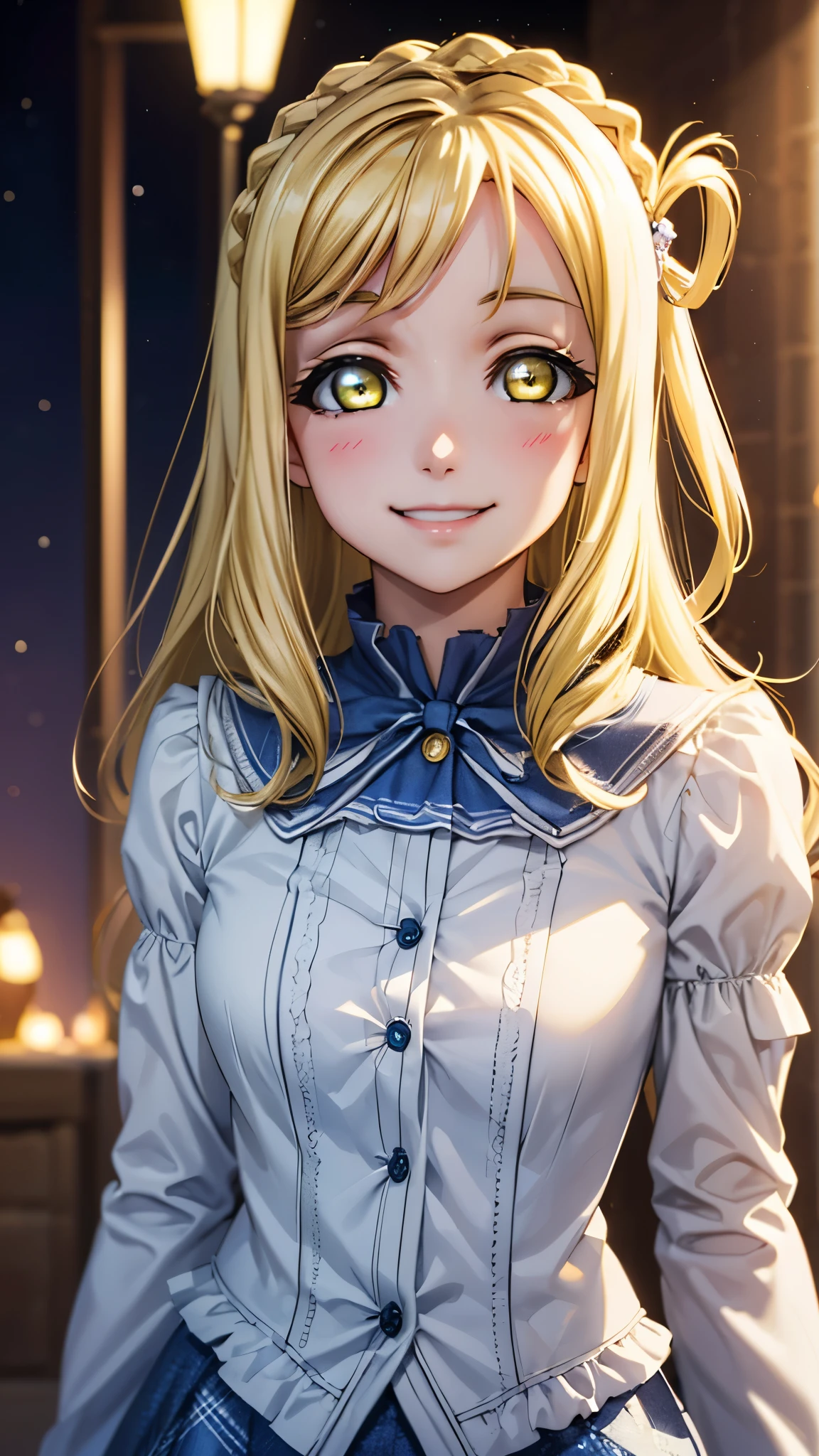 Mariohara  , Mari Ohara,  long hair, bangs, Blonde,  hair accessories, ( yellow eyes:1.3),  braided ,  medium hair,  hair ring, crown  braided , 
break skirt,break looking at viewer, ( cowboy shot:1.5),
break (masterpiece:1.2),  top quality ,  high res, unity 8k wallpaper, ( illustration:0.8), ( beautiful detailed eyes:1.6),  extremely elaborate face ,  perfect lighting,  highly detailed CG with long hem and sleeves, (perfect hand,  Perfect Anatomy), blush, ((night)),chest,  ((seductive smile)),  take a close look, (( close-up)), Fatty face, asks for sex,