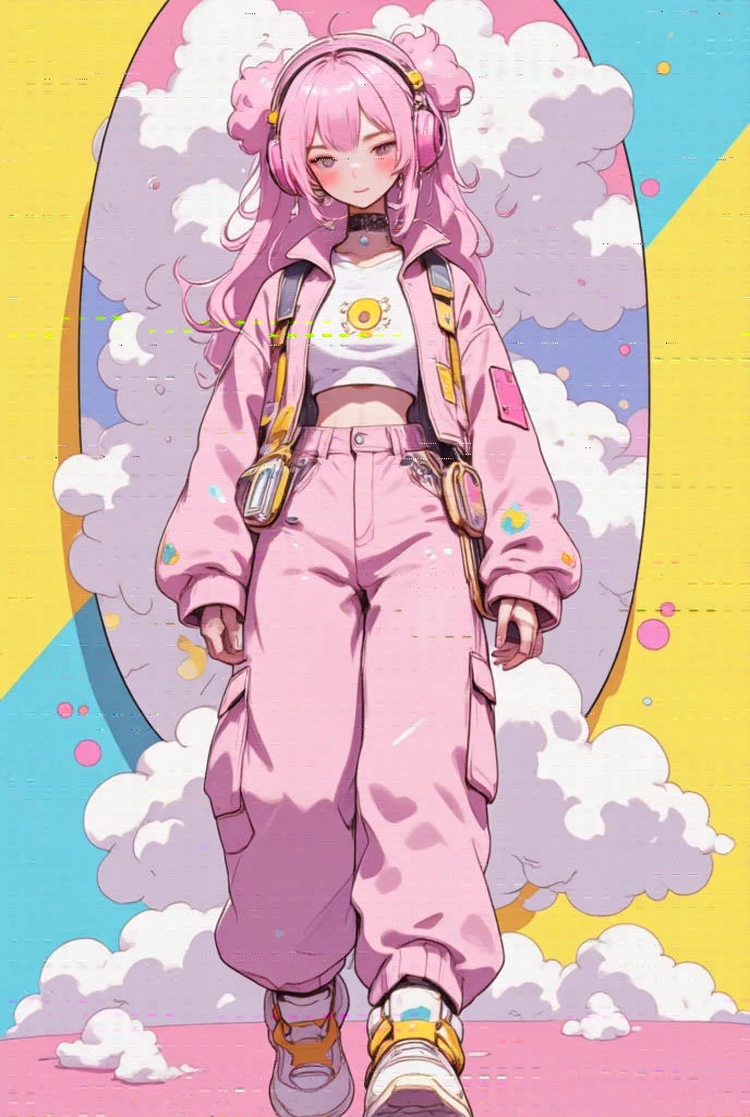 pink headphone-themed character,  wear big sneakers ,  cyberpunk,  background is easy to keep ,, Pale  pink hair, Cloud Hair,  LIGHT SMILE, Closed Eyes,  pink hair, whole body, magazine cover, magazineデザイン, magazine, Projected Inset, 超 high res,  high res,  top quality , 8k、 enter text 、walk:1.3、Woman looking at camera 、 cute girl、 robot ,
