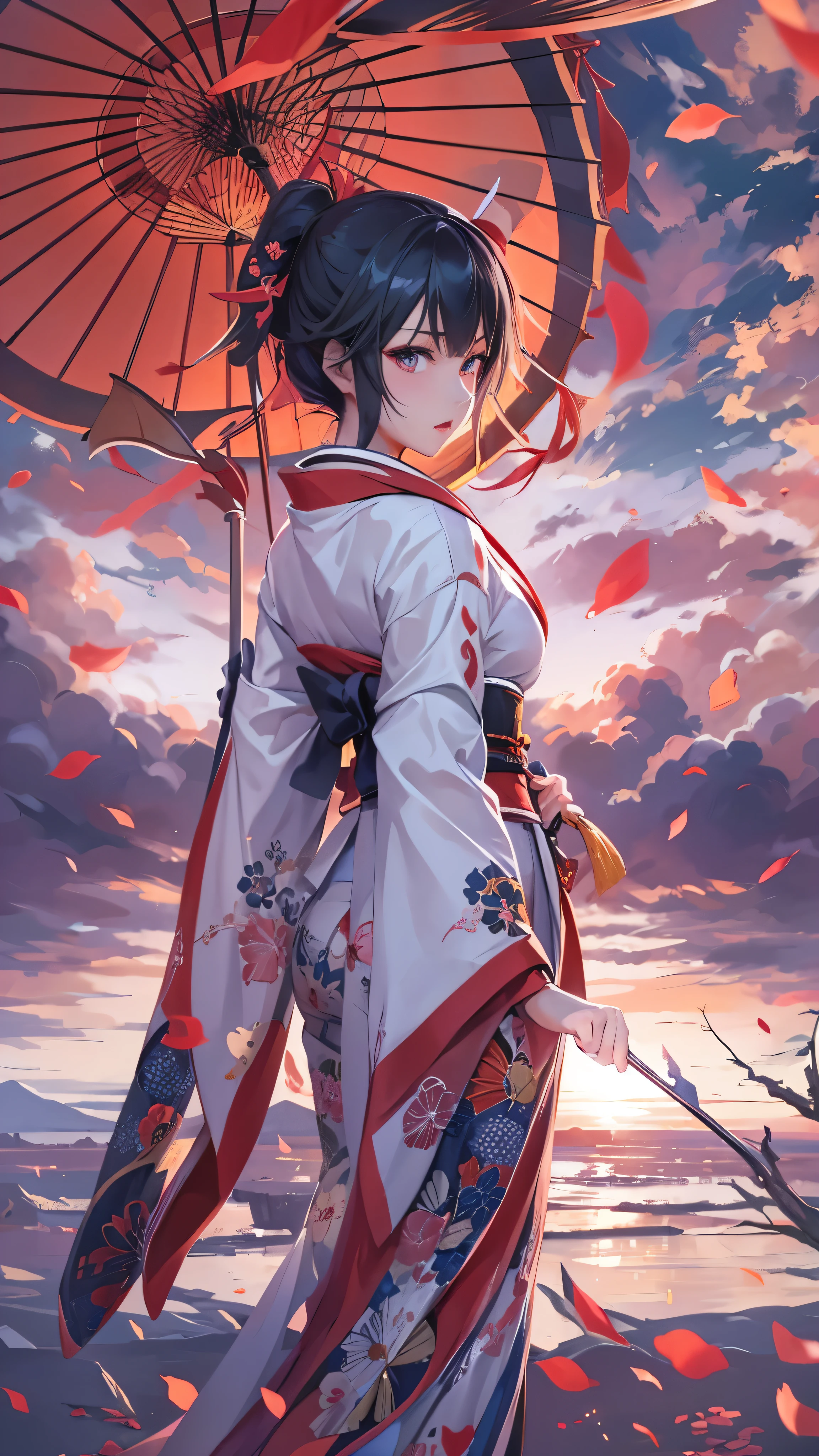  beautiful, masterpiece,  top quality ,  Extremely Detailed Faces,   perfect lighting,  1 girl, Alone,  matoi ryuuko , Japanese clothing, kimono, short kimono,   cowboy shot