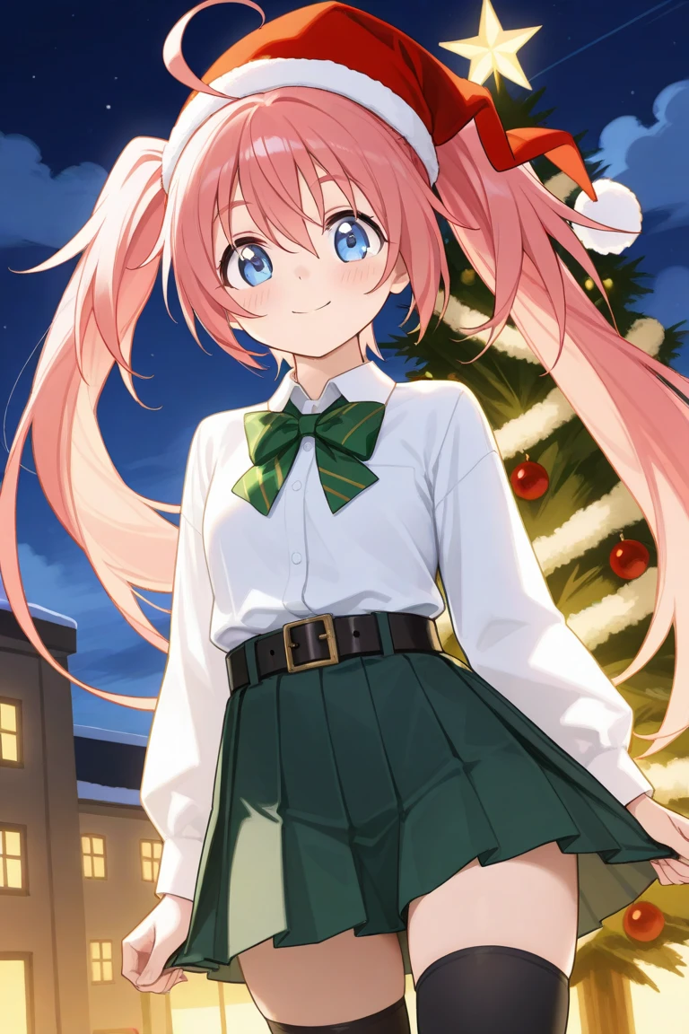 milim nava, 1girl, solo, long hair, looking at viewer, blush, smile, blue eyes, long sleeves, bow, hair between eyes, closed mouth, twintails,pink hair, ahoge, hair ribbon, pleated skirt, collared shirt, belt, black thighhighs, zettai ryouiki,  cloud, santa hat, night sky, christmas, christmas tree, 