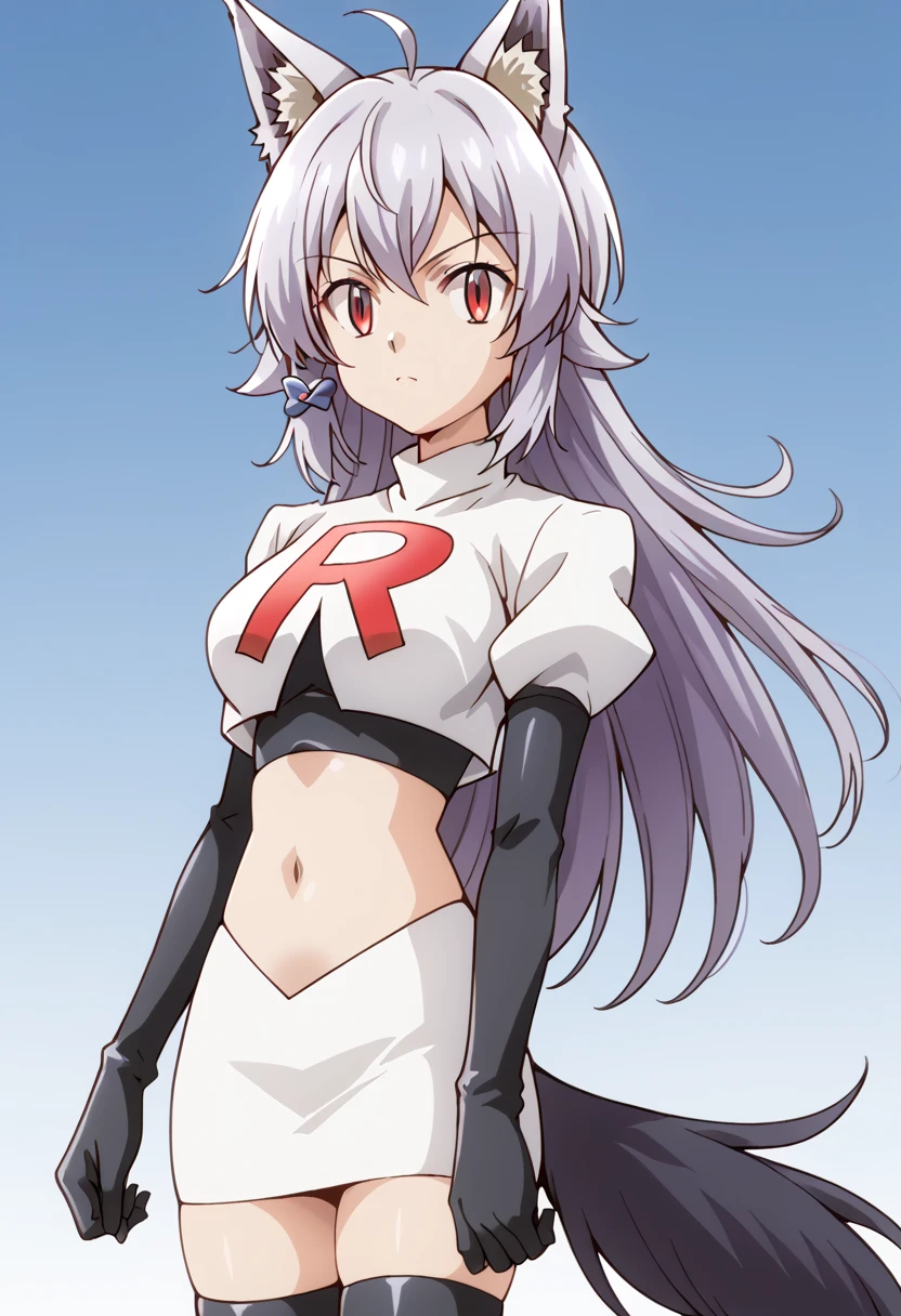 team rocket,team rocket uniform,white skirt,red letter R,crop top,black thigh-highs,black elbow gloves, cowboy shot, ag-wolfbete, wolf tail, medium breasts, 1girl, solo, skinny, masterpiece, high quality,score_9, score_8_up, score_7_up, source_anime, anime, anime style 