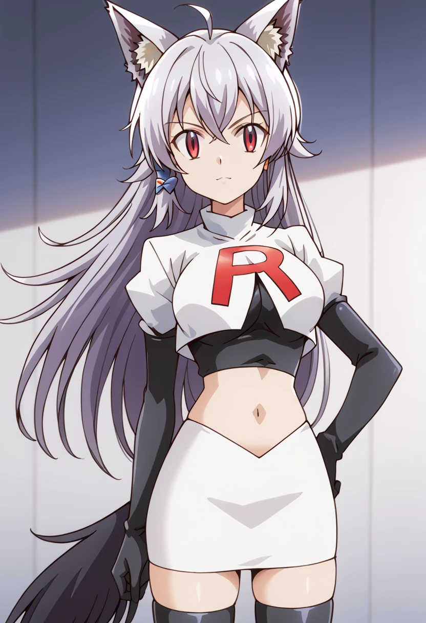 team rocket,team rocket uniform,white skirt,red letter R,crop top,black thigh-highs,black elbow gloves, cowboy shot, ag-wolfbete, wolf tail, medium breasts, 1girl, solo, skinny, masterpiece, high quality,score_9, score_8_up, score_7_up, source_anime, anime, anime style 