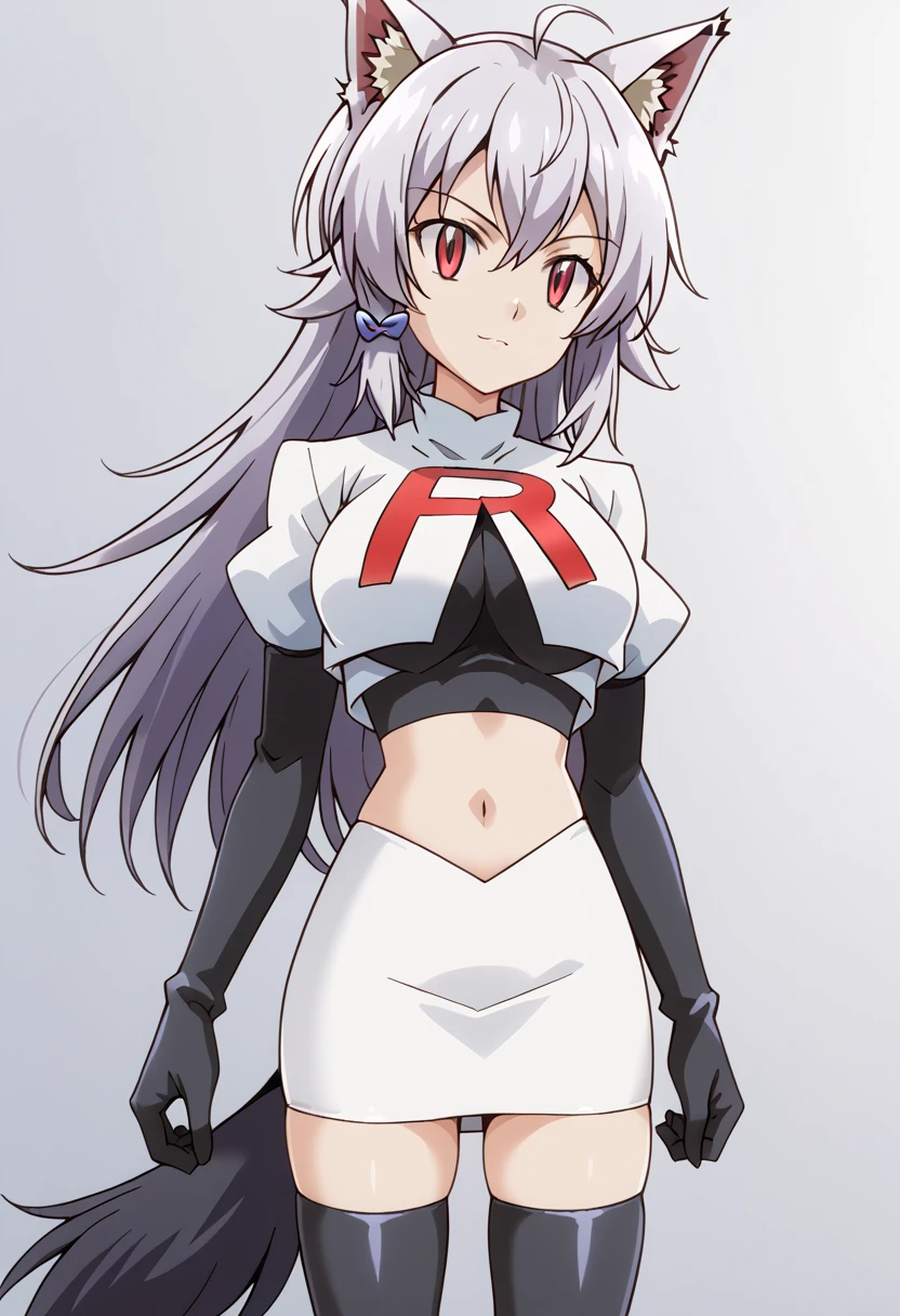 team rocket,team rocket uniform,white skirt,red letter R,crop top,black thigh-highs,black elbow gloves, cowboy shot, ag-wolfbete, wolf tail, medium breasts, 1girl, solo, skinny, masterpiece, high quality,score_9, score_8_up, score_7_up, source_anime, anime, anime style 