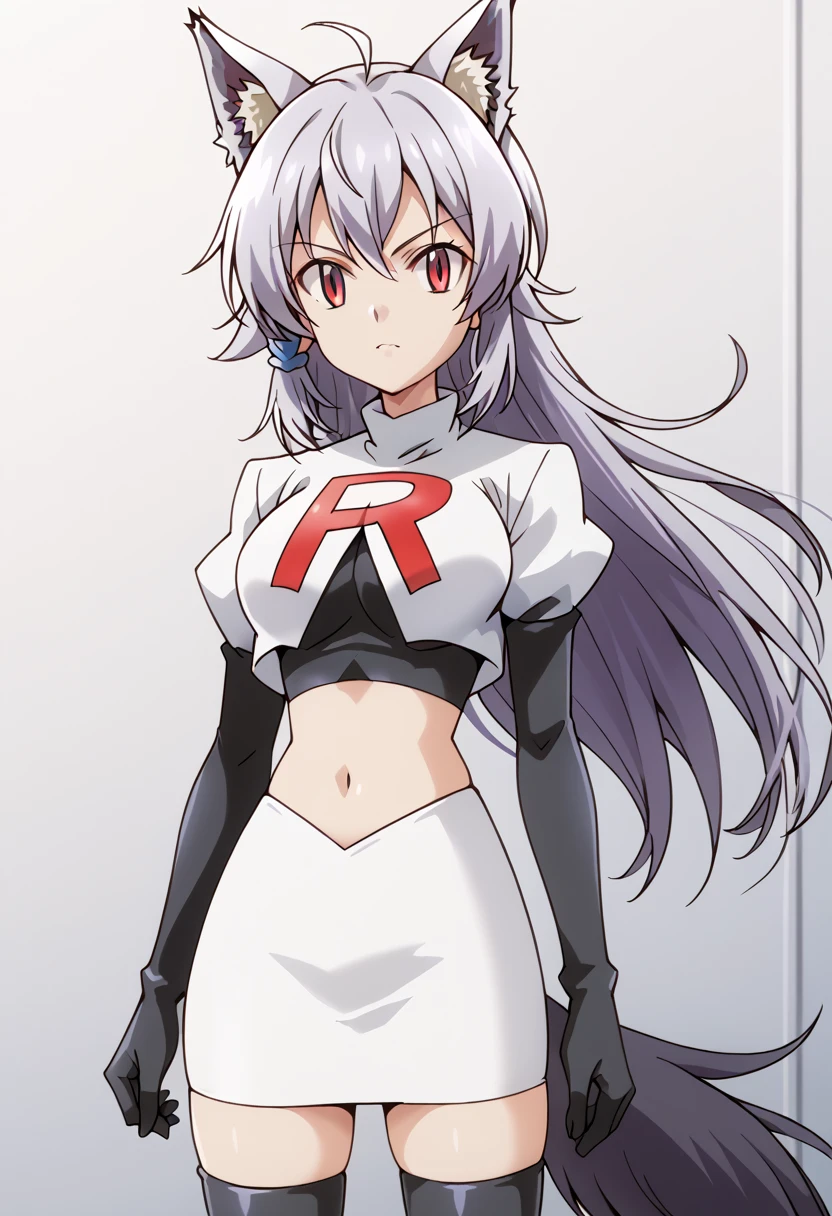 team rocket,team rocket uniform,white skirt,red letter R,crop top,black thigh-highs,black elbow gloves, cowboy shot, ag-wolfbete, wolf tail, medium breasts, 1girl, solo, skinny, masterpiece, high quality,score_9, score_8_up, score_7_up, source_anime, anime, anime style 