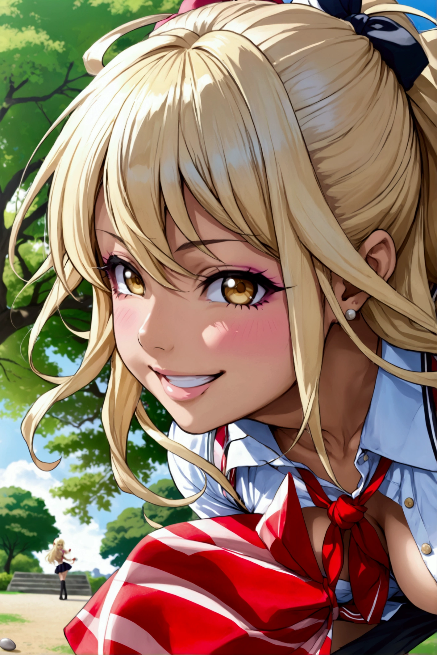 (masterpiece), best quality, expressive eyes, perfect face. 
Animestyle Gyaru, long blonde hair ((())) big breasted Japanese, knotted end unbuttoned shirt, cleavage, navel, inner thighs and pussy, nipple bump on shirt, Micro skirt, ((upskirt nopants nopanties, smooth pussy with creampie)), mischievous smile, standing spread legs, (throwing pebble motion capture), outdoor natural park, low angle full body view, wind on hair, wind on skirt, natural casual throwing pose. 2.5D Hentai Anime style, pornhwa style. High res. 