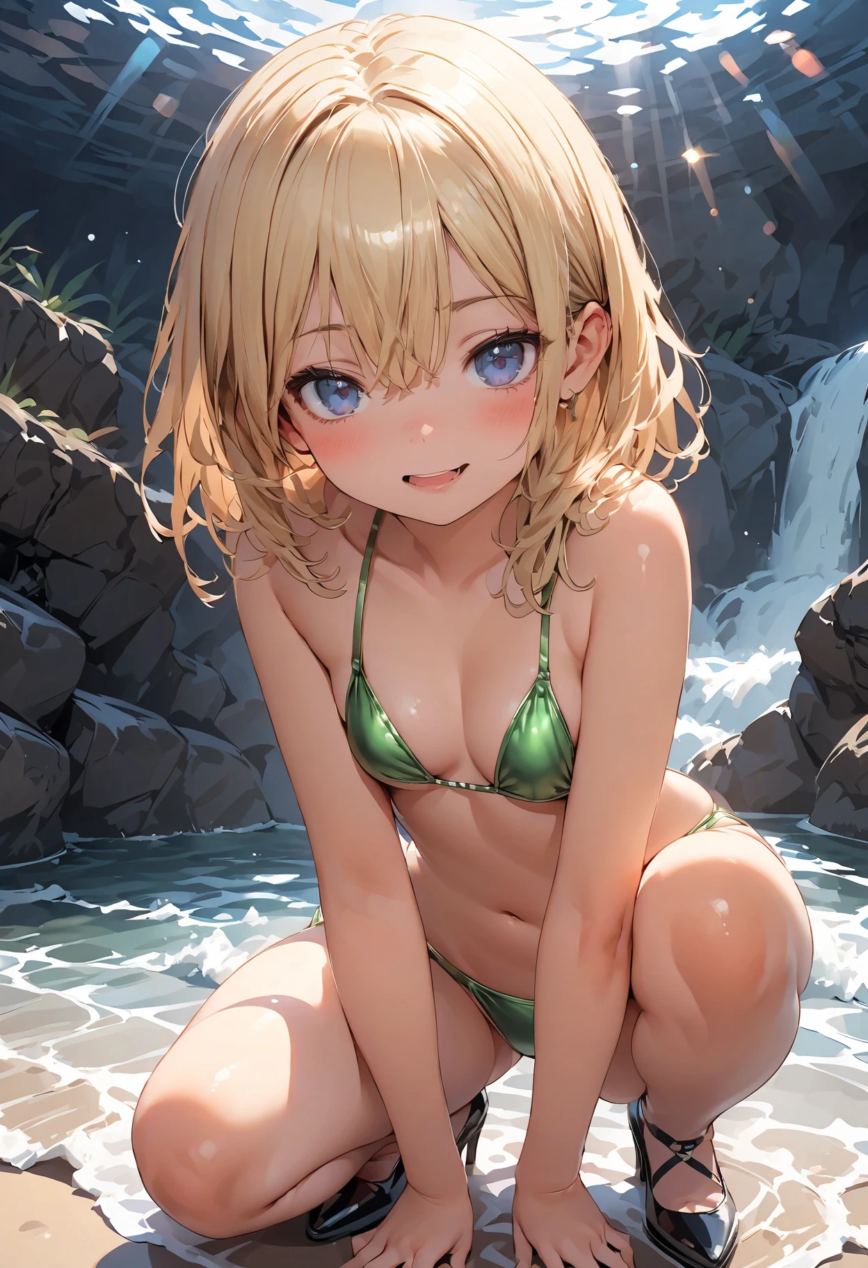 Blonde girl in micro bikini making bitter melon curry