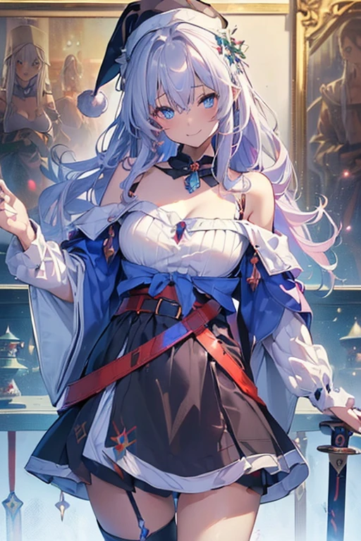 (from below:1.2),((1girl, silver hair, long hair, qutel blue eyes, beautiful eyes, pretty smile:1.5, ), ( off-shoulder dress, sweater dress,, santa hat, black tights, santa boots), (((holding ominous japanese sword:1.1 ))), ((battlescene,slashilg,killing the mafia,blood splash)), (outdoor, party room, christmas party), ((masterpiece:1.5)), ((best quality:1.5)), (ultra-detailed:1.5), (cinematic lighting, cinematic posing), (goddess smile:1.1),(with sparkling eyes and a contagious smile),her thin pubic hair:1.2, off-shoulder dress, sweater dress, Purplish blue eyes that dreamers desire, small stature, medium , Lori face, (masutepiece:1.2, Best Quality), (finely detailed beautiful eye: 1.2), (beautifull detailed face), (perky chest:1.2), (pointed chest:1.1), (bra magazine cover:1.3),(with sparkling eyes and a contagious smile),her thin pubic hair:1.2, looking at viewer