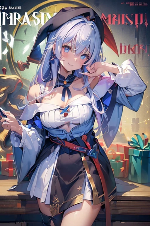 (from below:1.2),((1girl, silver hair, long hair, qutel blue eyes, beautiful eyes, pretty smile:1.5, ), ( off-shoulder dress, sweater dress,, santa hat, black tights, santa boots), (((holding ominous japanese sword:1.1 ))), ((battlescene,slashilg,killing the mafia,blood splash)), (outdoor, party room, christmas party), ((masterpiece:1.5)), ((best quality:1.5)), (ultra-detailed:1.5), (cinematic lighting, cinematic posing), (goddess smile:1.1),(with sparkling eyes and a contagious smile),her thin pubic hair:1.2, off-shoulder dress, sweater dress, Purplish blue eyes that dreamers desire, small stature, medium , Lori face, (masutepiece:1.2, Best Quality), (finely detailed beautiful eye: 1.2), (beautifull detailed face), (perky chest:1.2), (pointed chest:1.1), (bra magazine cover:1.3),(with sparkling eyes and a contagious smile),her thin pubic hair:1.2, looking at viewer