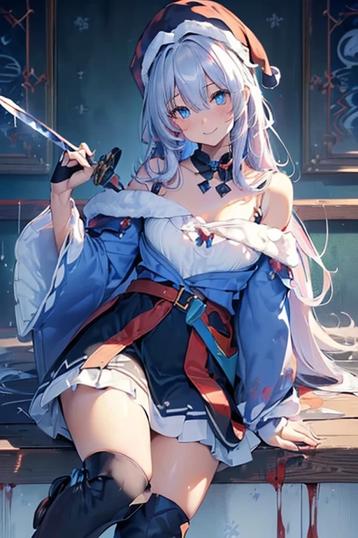 (from below:1.2),((1girl, silver hair, long hair, qutel blue eyes, beautiful eyes, pretty smile:1.5, ), ( off-shoulder dress, sweater dress,, santa hat, black tights, santa boots), (((holding ominous japanese sword:1.1 ))), ((battlescene,slashilg,killing the mafia,blood splash)), (outdoor, party room, christmas party), ((masterpiece:1.5)), ((best quality:1.5)), (ultra-detailed:1.5), (cinematic lighting, cinematic posing), (goddess smile:1.1),(with sparkling eyes and a contagious smile),her thin pubic hair:1.2, off-shoulder dress, sweater dress, Purplish blue eyes that dreamers desire, small stature, medium , Lori face, (masutepiece:1.2, Best Quality), (finely detailed beautiful eye: 1.2), (beautifull detailed face), (perky chest:1.2), (pointed chest:1.1), (bra magazine cover:1.3),(with sparkling eyes and a contagious smile),her thin pubic hair:1.2, looking at viewer