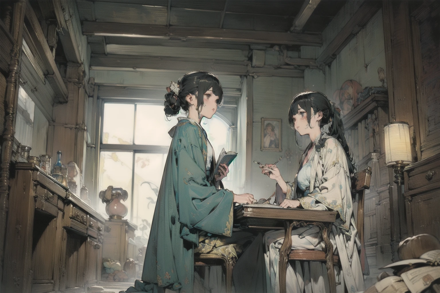 from side,   One Girl  , The Magician's Laboratory   、  I'm sitting on a chair and reading a book、   intricate details  ,  hyperdetail ,　( top quality , masterpiece:1.2),    super high res ,    ray tracing,   super detailed  , Complex Robe、Magician&#39;s Hat , 